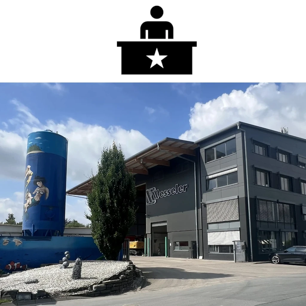 Geschäftsführer Symbol und modernes Firmengebäude mit Wesseler Logo