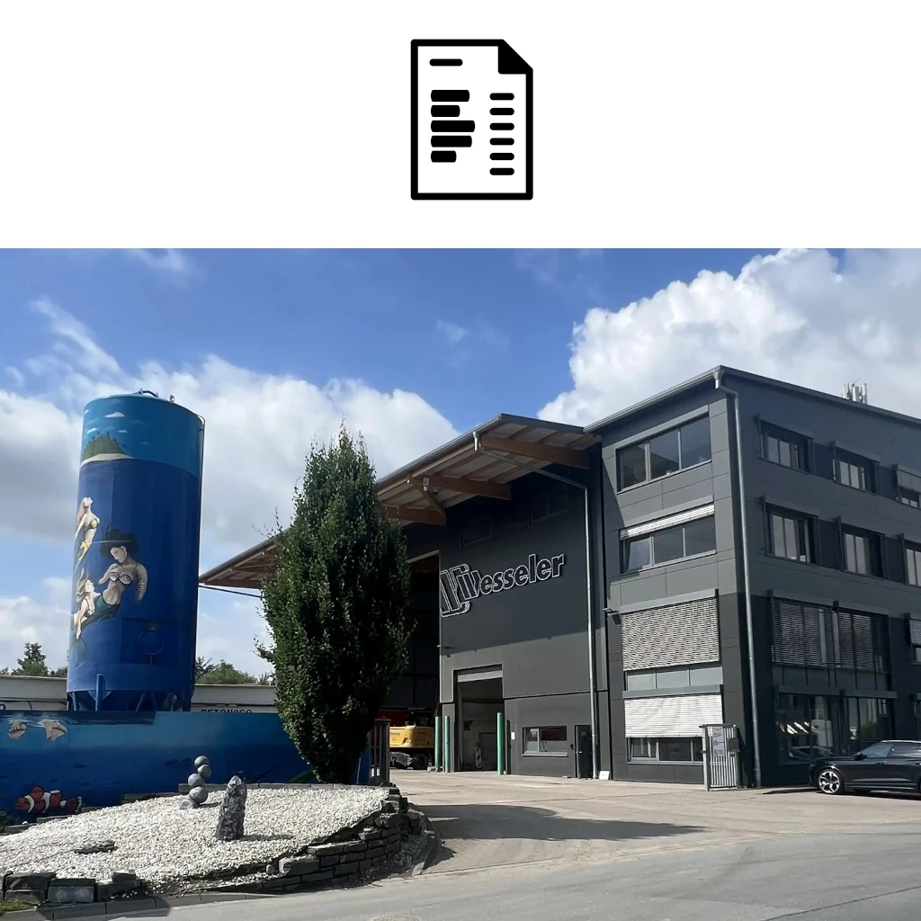 Gebäude der Firma Wesseler mit Silotank und Symbol für Rechnungswesen