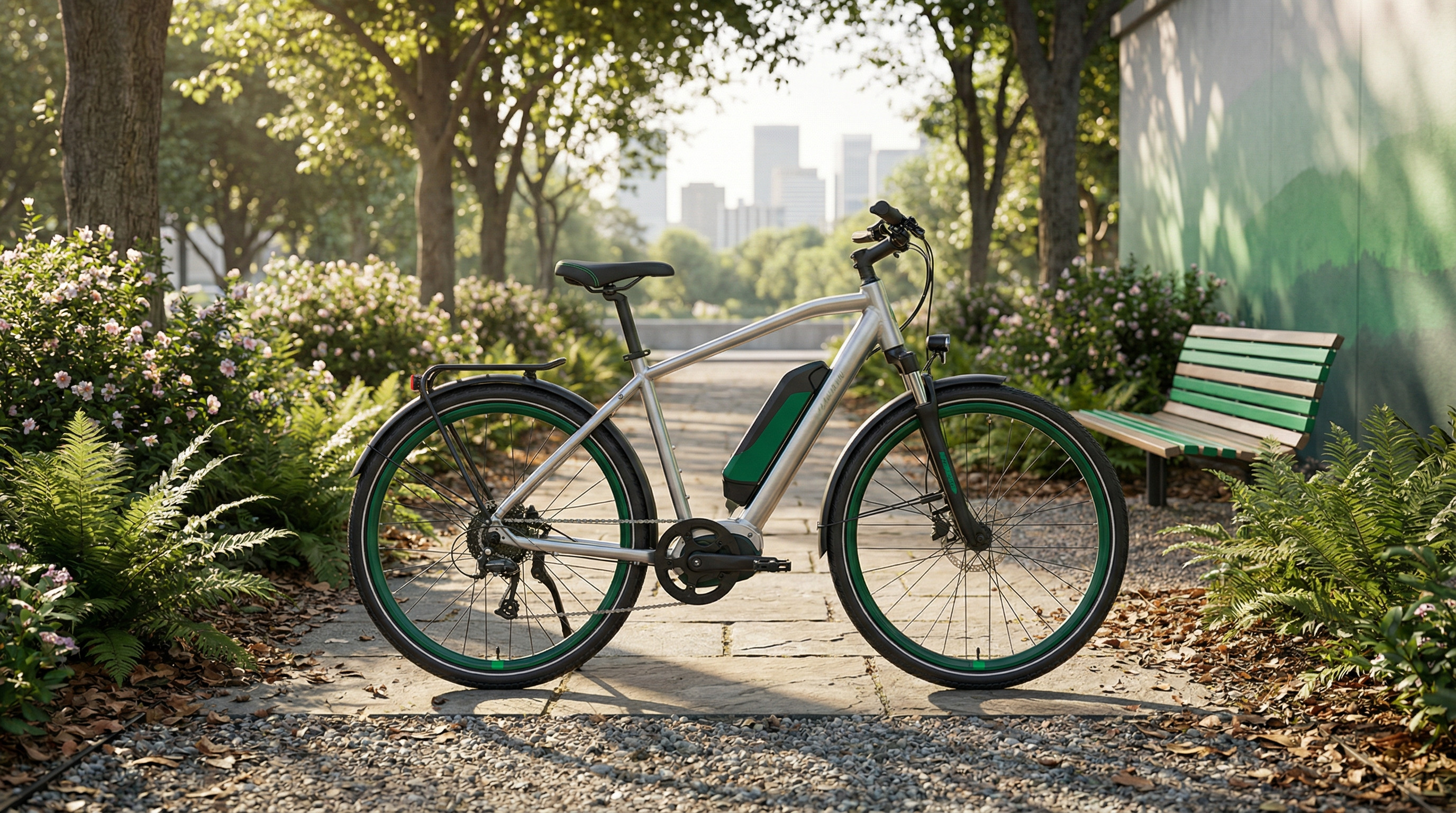 Modernes E-Bike auf einem Parkweg mit Stadt im Hintergrund