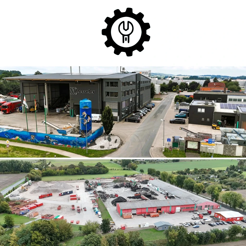 Werkstatt und Firmengelände von Wesseler mit Werkstattgebäude und Lagerplatz aus der Luftansicht