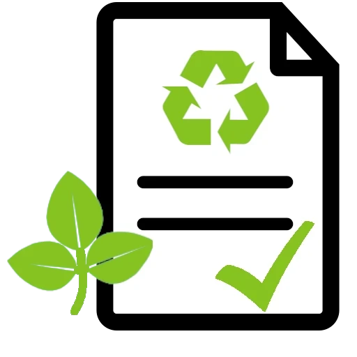Symbolischer Verwertungsnachweis mit Recycling-Symbol, grünem Haken und Blatt