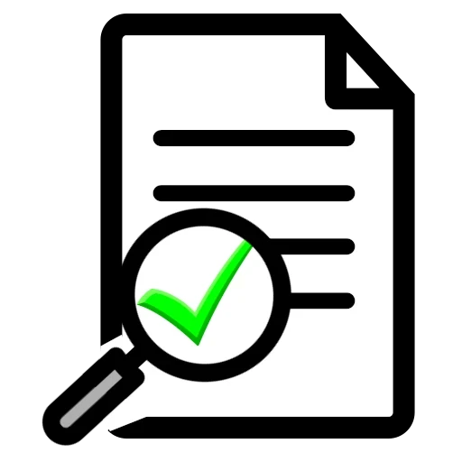 Symbol fcr Audit: Dokument mit Lupe und grnem Haken