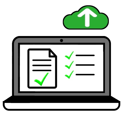 Symbol für digitale Dokumentation mit Checkliste und Cloud-Upload auf einem Bildschirm