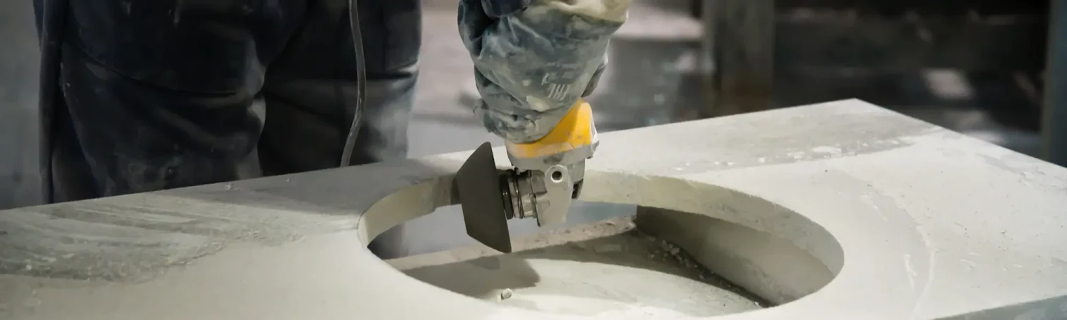 Handwerker bei der Steinbearbeitung mit Winkelschleifer – Detailaufnahme für Banner Steinbearbeitung