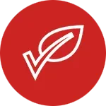 Icon nachhaltig und sozial engagiert – Symbol mit Blatt und Häkchen auf rotem Hintergrund