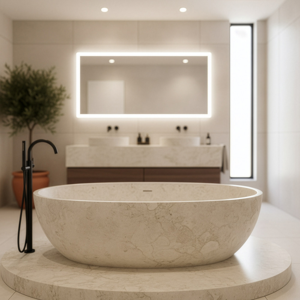 Fertigarbeit einer Badewanne aus beigem Naturstein