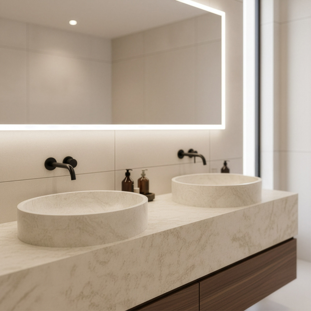 Fertigarbeit von Waschbecken aus beigem Naturstein