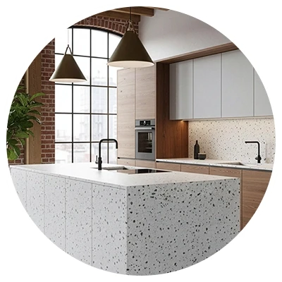 Moderne Küche mit Terrazzo-Arbeitsplatte und Küchenrückwand aus Terrazzo