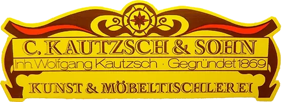Logo von Kautzsch & Möbeltischlerei, gelb-braunes Firmenschild mit Schriftzug