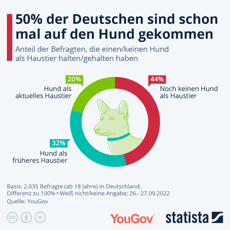 Statistik über Hundehaltung in Deutschland – YouGov/Statista Umfrage 2022 Statistik über Hundehaltung in Deutschland: Anteil der Befragten mit aktuellem, früherem oder keinem Hund als Haustier laut YouGov und Statista, September 2022