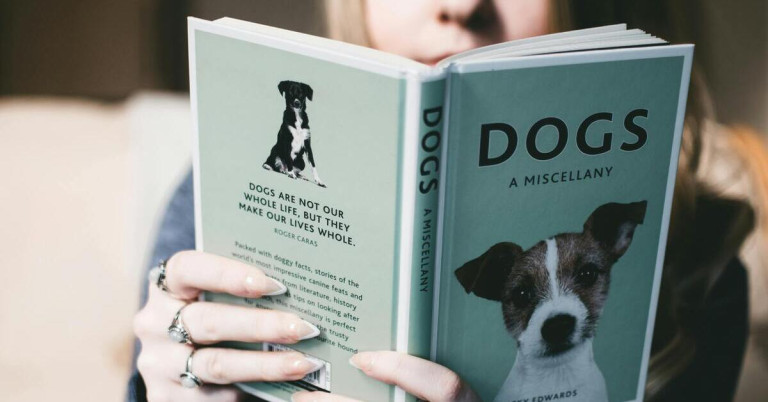 Recherche über Hunde: Frau liest Buch mit Hundewissen Frau liest ein Buch über Hunde – Recherche über Hunde