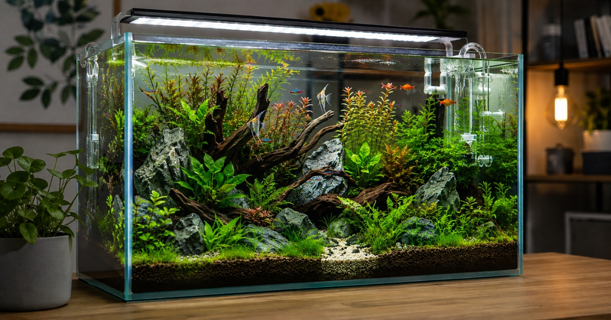Aquarium gestalten mit Pflanzen, Steinen und Wurzeln – Beispiel für Aquascaping