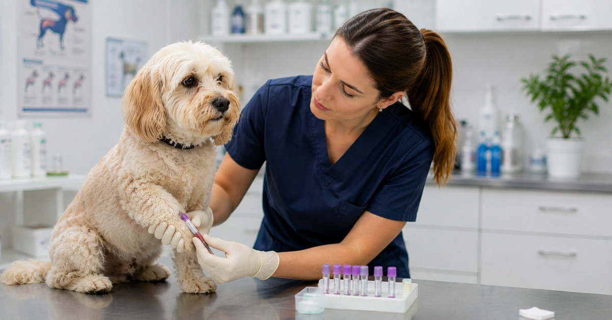 Tierärztin führt Blutentnahme bei einem Hund in der Tierarztpraxis durch