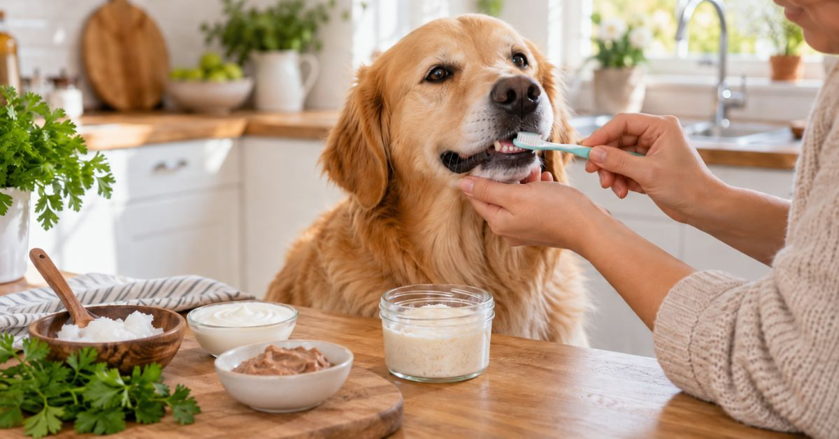 Hundezahnpasta selber machen und Zähne putzen bei einem Hund in der Küche