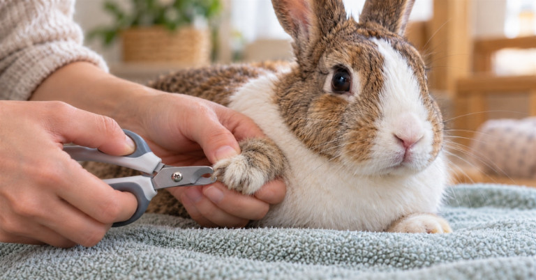 Kaninchen Krallen schneiden – Nahaufnahme einer Hand, die einem Kaninchen die Krallen schneidet