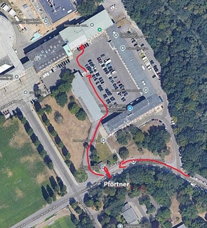 Lageplan von Herthamed mit markiertem Weg zum Pförtner