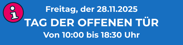 Hinweis auf verkaufsoffenen Sonntag am 28.11. mit Öffnungszeiten von 13:00 bis 18:30 Uhr auf blauem Hintergrund.