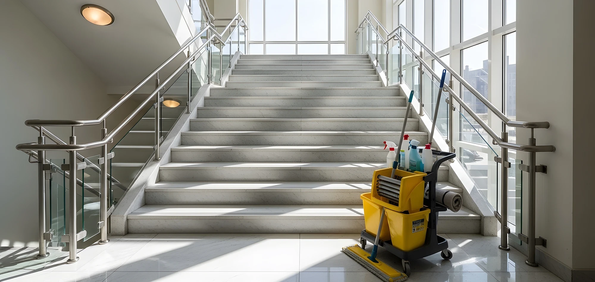 Heller Treppenaufgang mit professionellem Reinigungswagen – Symbolbild fr Treppenhausreinigung