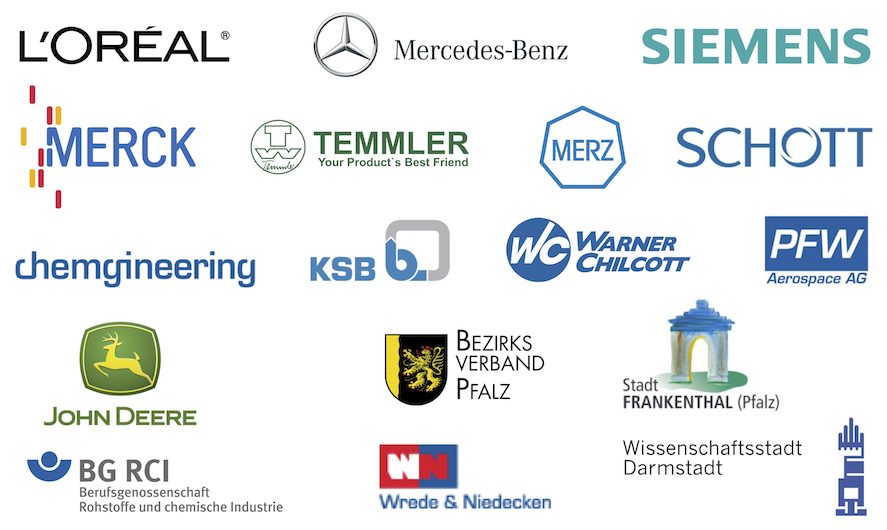 Logos von Referenzkunden wie Mercedes-Benz, Siemens und Merz