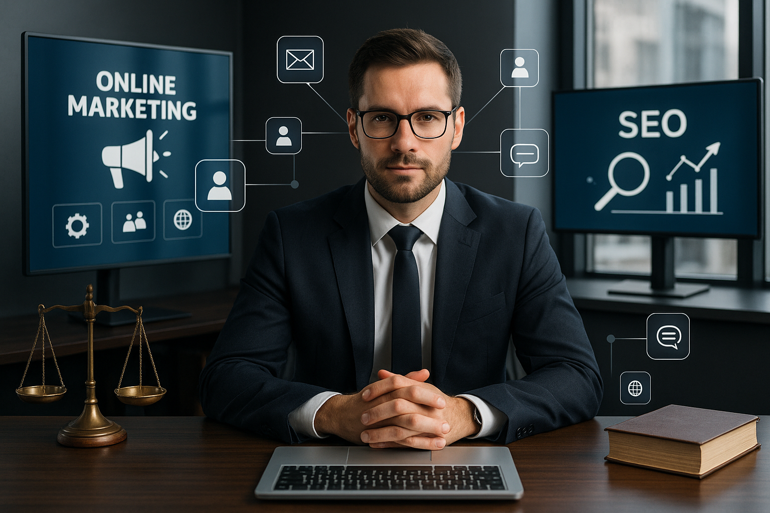 Businessmann im Büro – Online-Marketing und digitale Kommunikation Businessmann im Büro mit Laptop und Symbolen für Online-Marketing und digitale Kommunikation