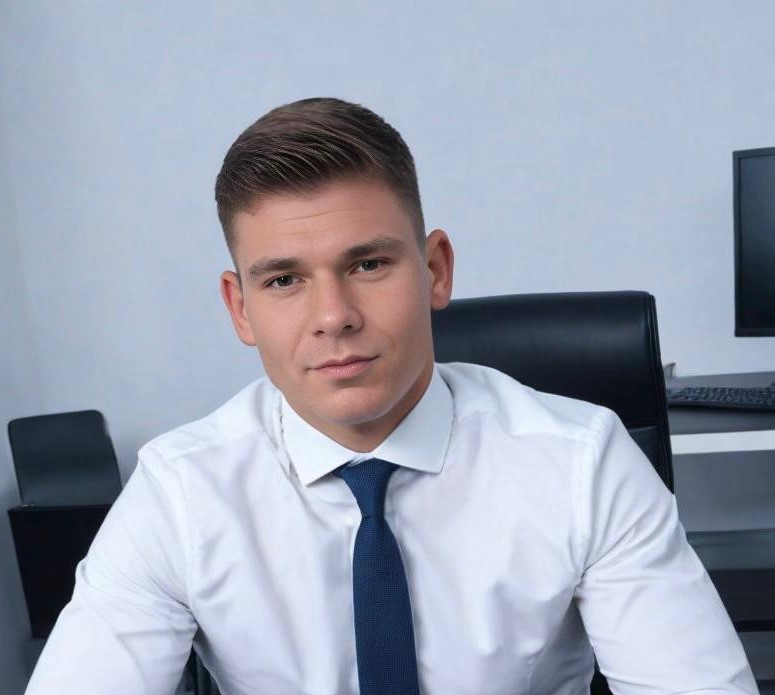 Professionelles Profilfoto für Landing Page, Mann im weißen Hemd und blauer Krawatte im Büro