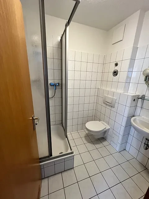 Modernes, kleines Badezimmer in einem Apartment mit Dusche und WC Kleines Apartment-Badezimmer mit Dusche, WC und Waschbecken