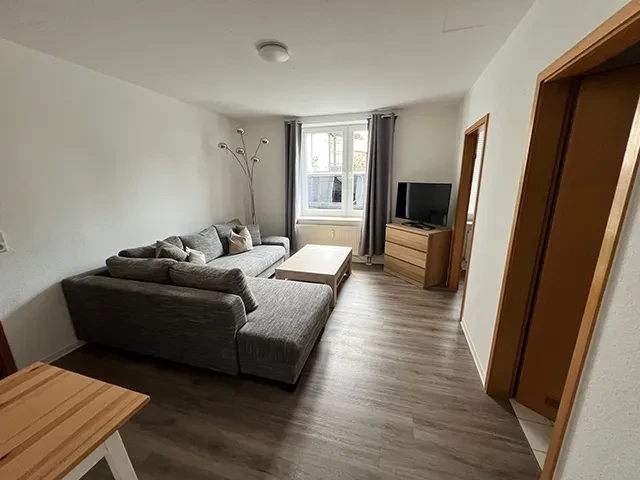 Apartment – modernes Wohnzimmer mit Sofa und TV Modernes kleines Apartment mit grauem Sofa, Couchtisch und Fernseher