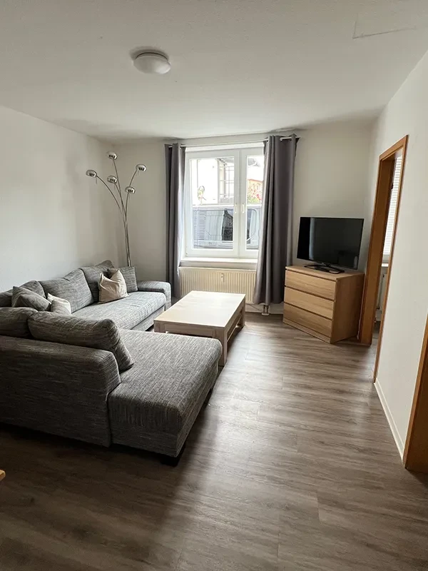 Kleines Apartment – Modernes Wohnzimmer mit Sofa und Fernseher als Teaserbild Modern eingerichtetes kleines Apartment mit grauem Sofa, Couchtisch, Fernseher und Fenster
