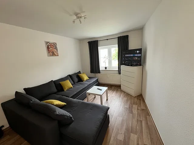 Großes Apartment Wohnzimmer mit moderner Einrichtung und Fernseher Modernes, großes Apartment Wohnzimmer mit grauem Sofa, Fernseher und Holzboden