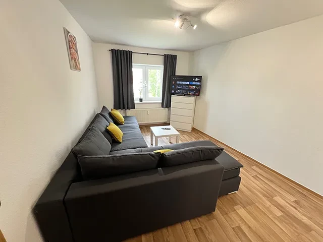 Großes Apartment Wohnzimmer mit grauem Sofa und Fernseher Modernes, großes Apartment mit gemütlichem Wohnzimmer, grauem Sofa, Fernseher und hellen Holzboden