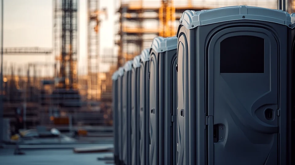 Reihe mobiler Toiletten auf einer Baustelle – Toilettenvermietung mobil