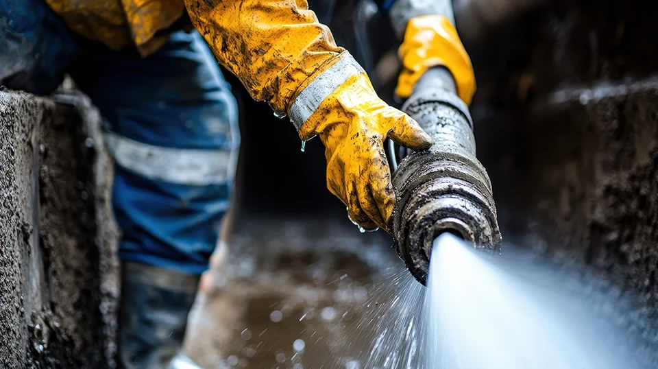 Handwerker mit gelben Handschuhen bei der mobilen Rohrreinigung mit Hochdruck