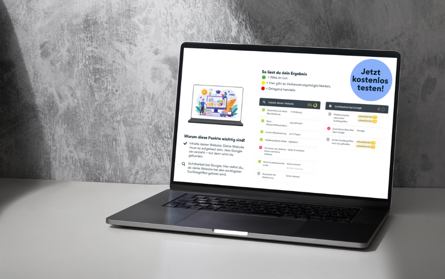Beispielhafte Darstellung Sichtbarkeits-Check – SEO-Analyse und Website-Sichtbarkeit Beispielhafte Darstellung eines Sichtbarkeits-Checks auf einem Laptop-Bildschirm, SEO-Analyse und Website-Optimierung