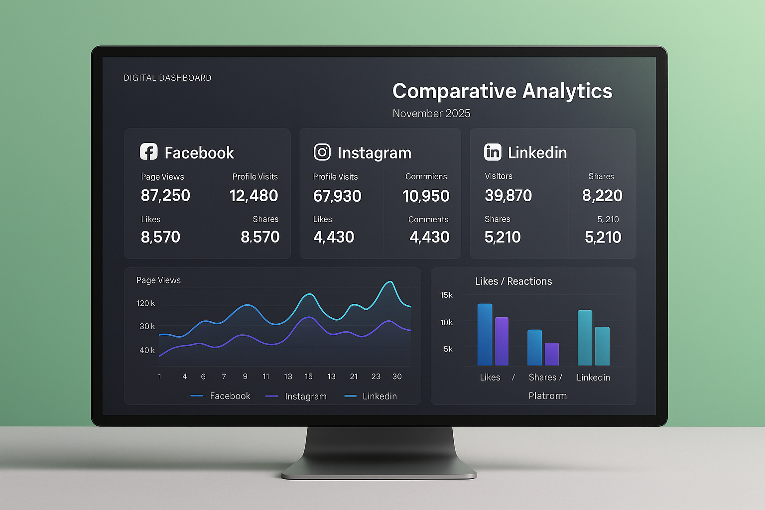 Dashboard mit Social Media Analytics ffcr Facebook, Instagram und LinkedIn im November 2025, mit Seitenaufrufen, Profilbesuchen, Likes, Shares und Kommentaren.