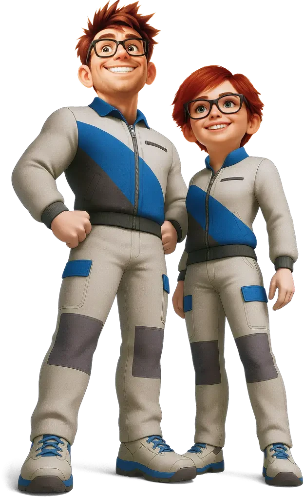 Mara und Roy als Helden in animierten Anzügen