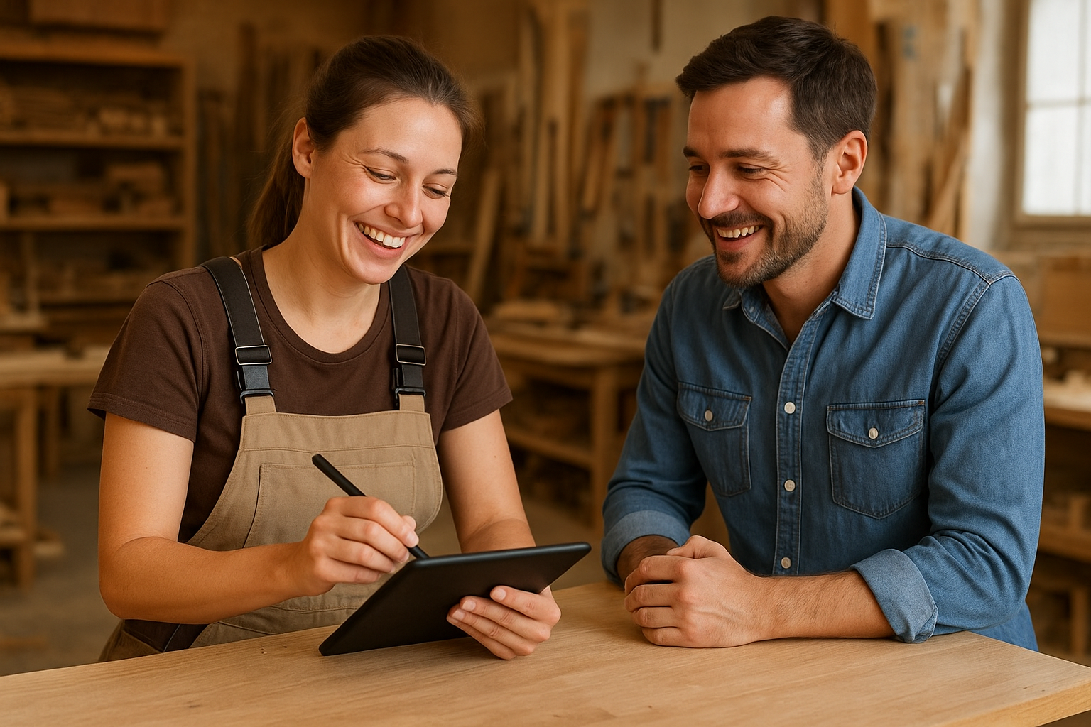 Handwerkerin nimmt Auftrag mit Tablet entgegen in einer Werkstatt