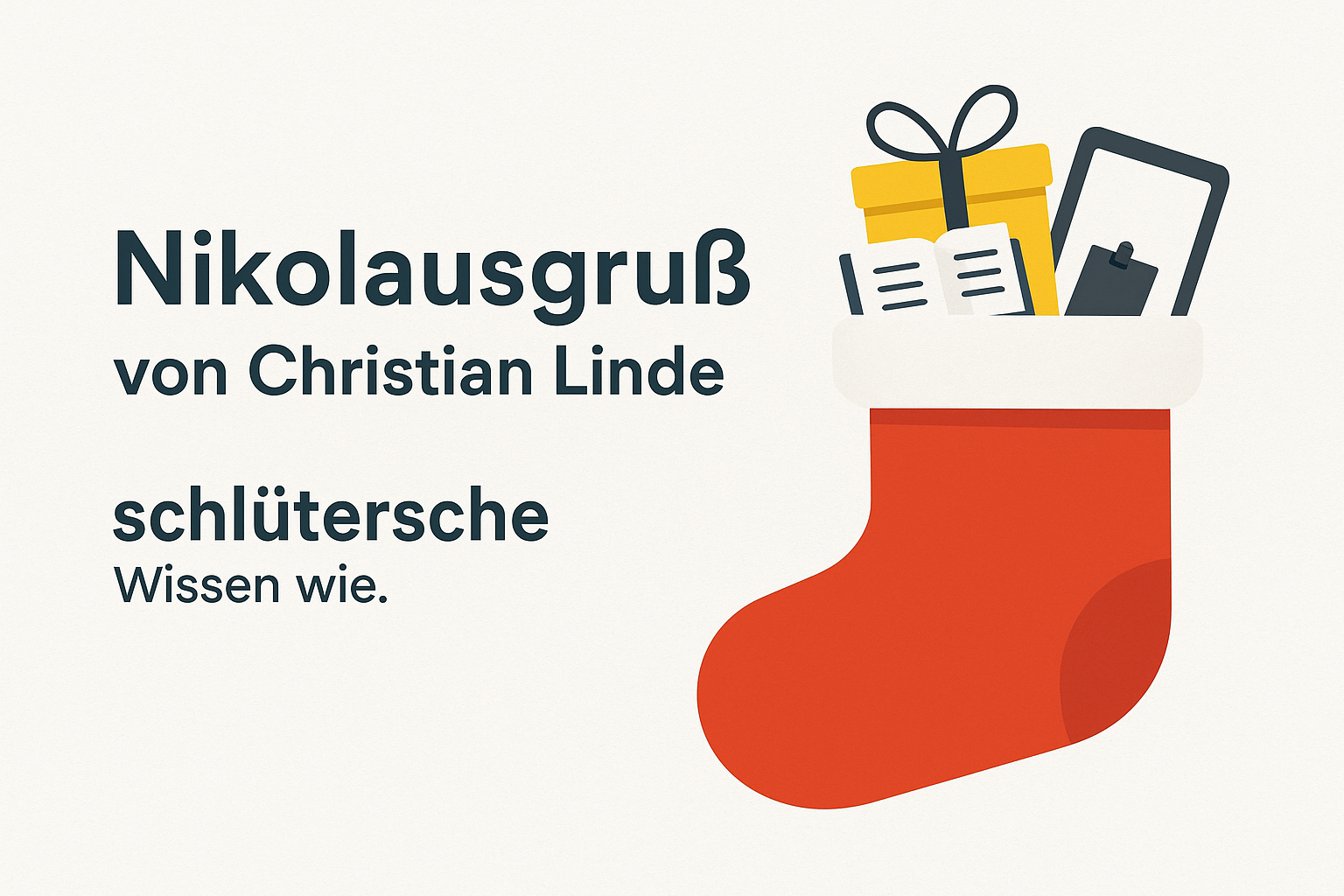 Nikolausgruß von Christian Linde mit rotem Nikolausstiefel und Geschenken