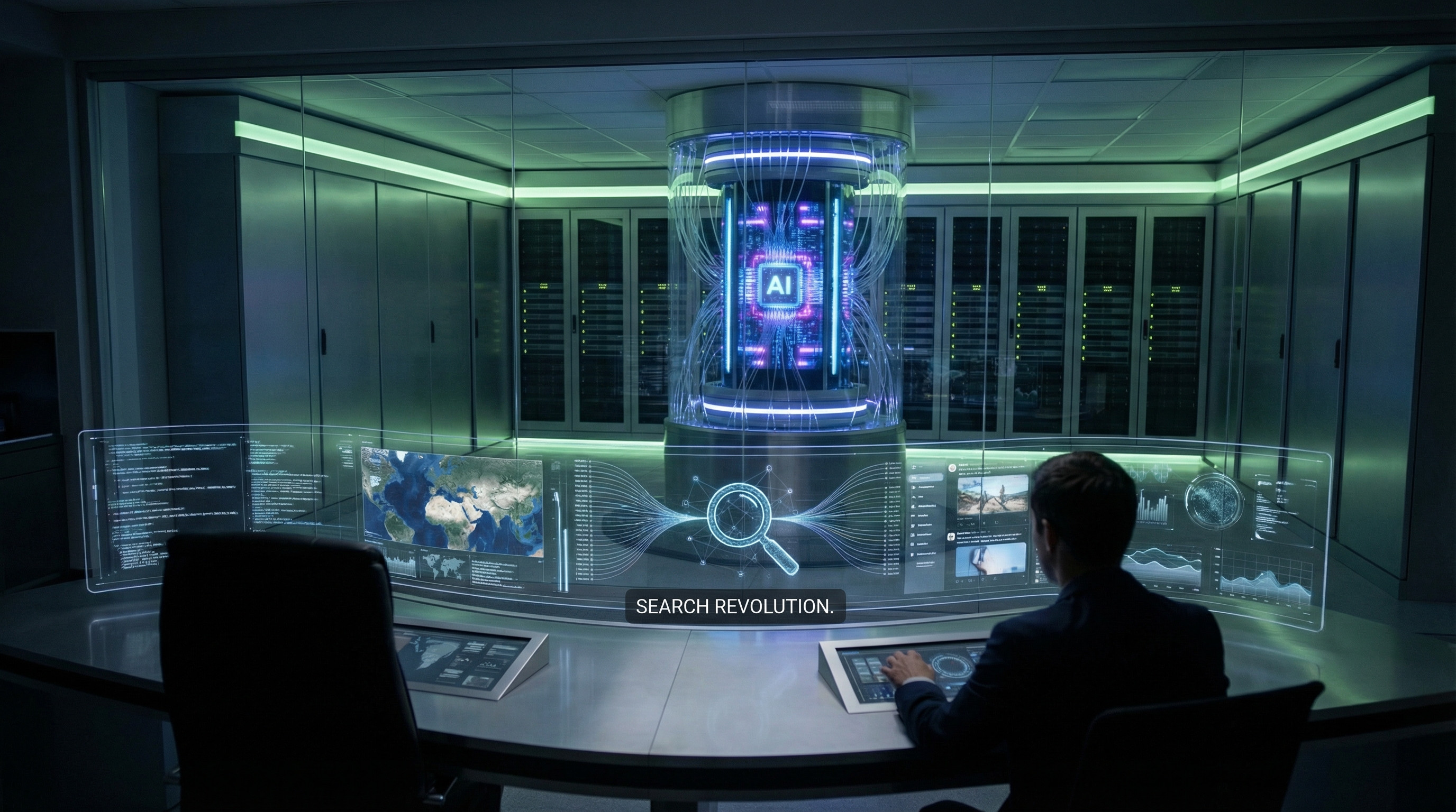 Futuristisches KI-System in modernem Rechenzentrum mit Suchrevolution-Interface