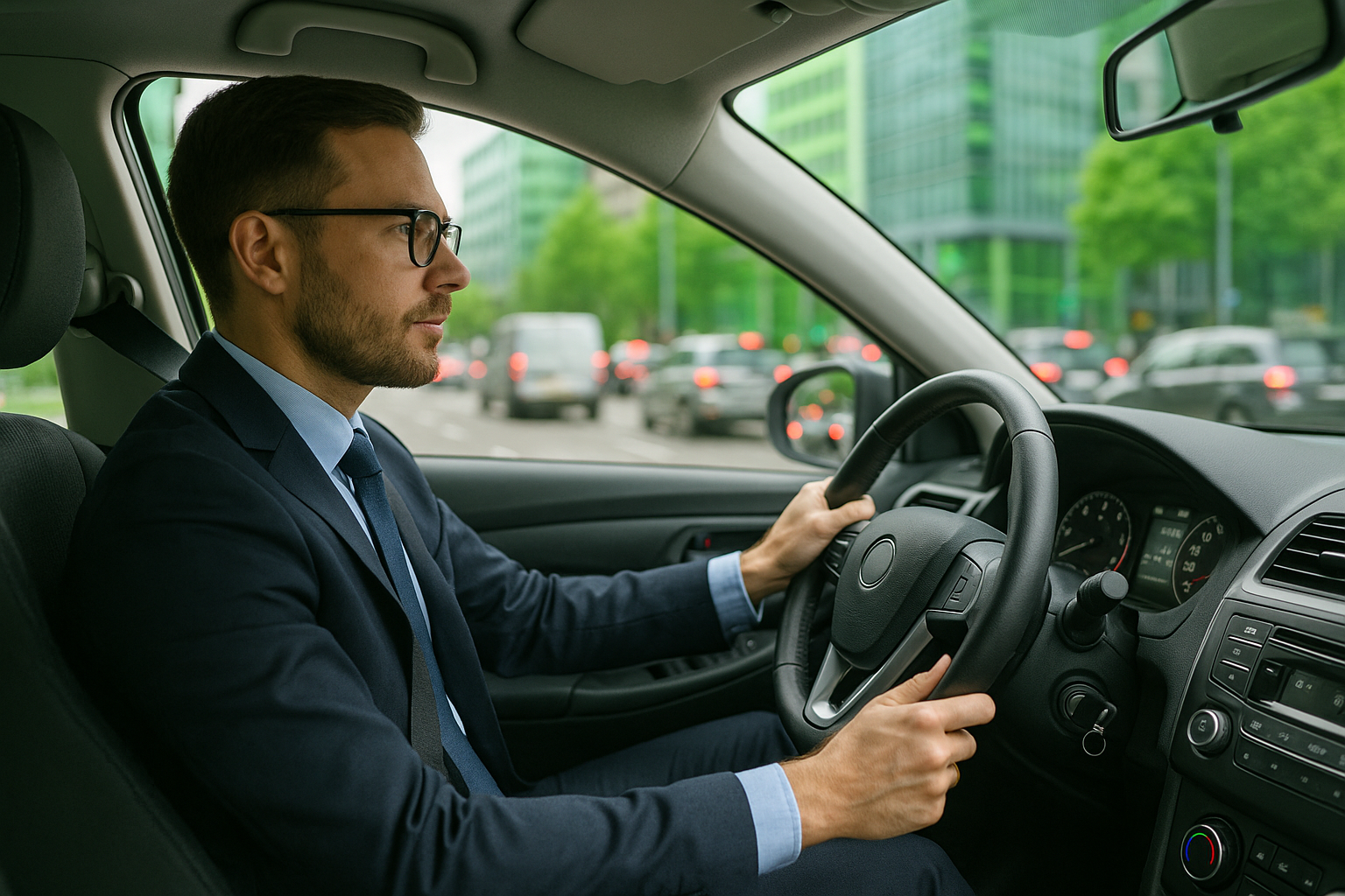 Geschäftsmann fährt Auto in der Innenstadt, moderner Stadtverkehr