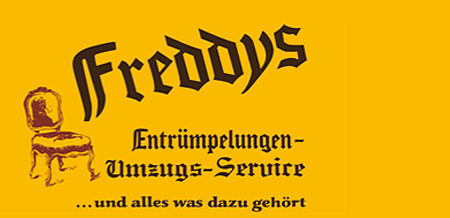 Freddys Logo für Entrümpelungen und Umzugs-Service auf gelbem Hintergrund