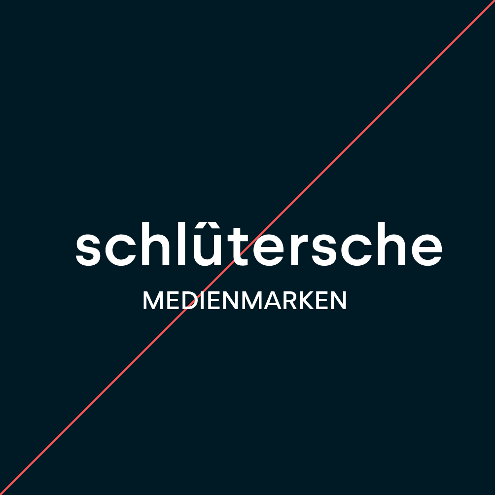 Schlütersche Medienmarken Logo mit Schriftzug auf dunklem Hintergrund, durchgestrichen