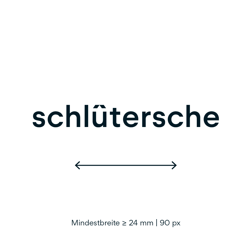 Schlütersche Logo mit Angabe der Mindestbreite von 24 mm bzw. 90 px