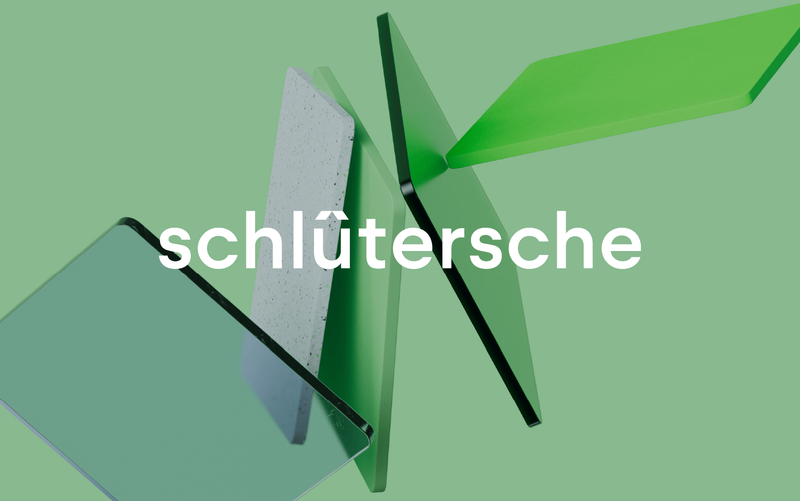 Schlütersche Logo auf grünem Hintergrund mit abstrakten Formen