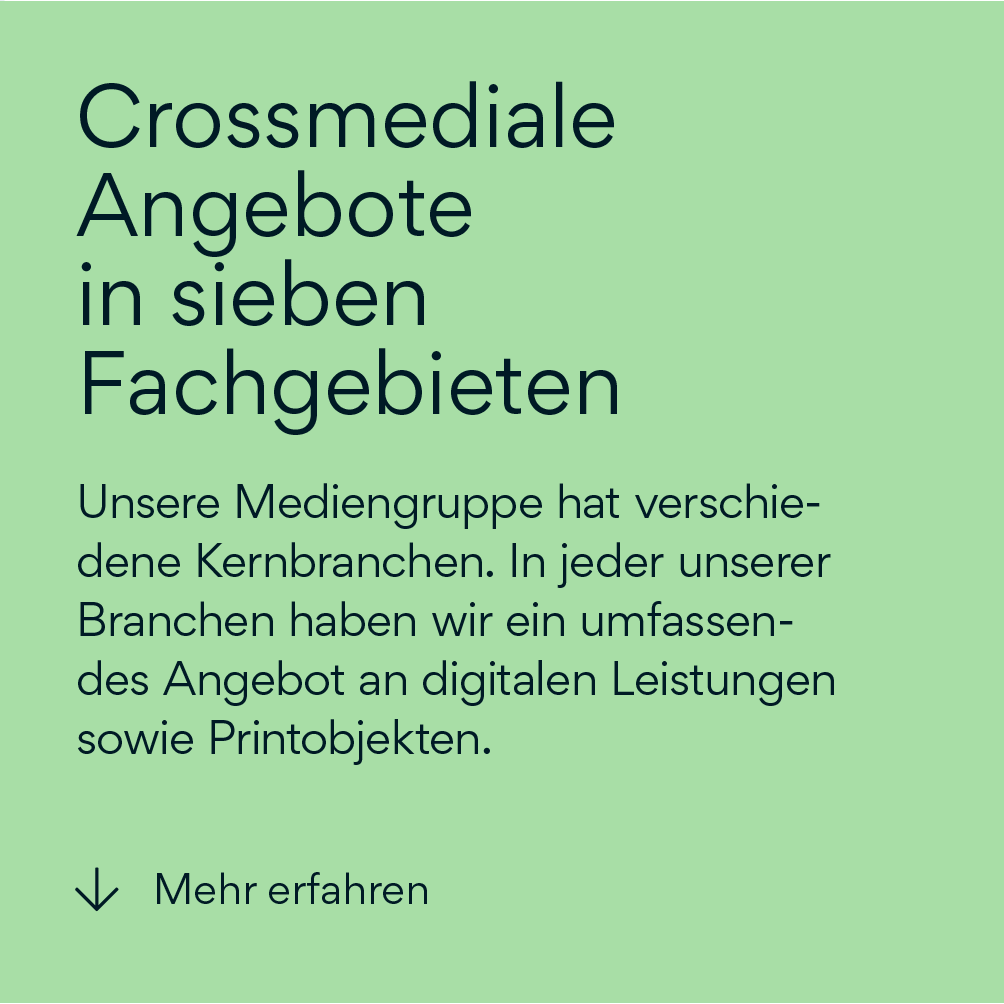 Beispiel für Typografie-Hierarchie: Crossmediale Angebote in sieben Fachgebieten, digitale Leistungen und Printobjekte, Brandbase Design