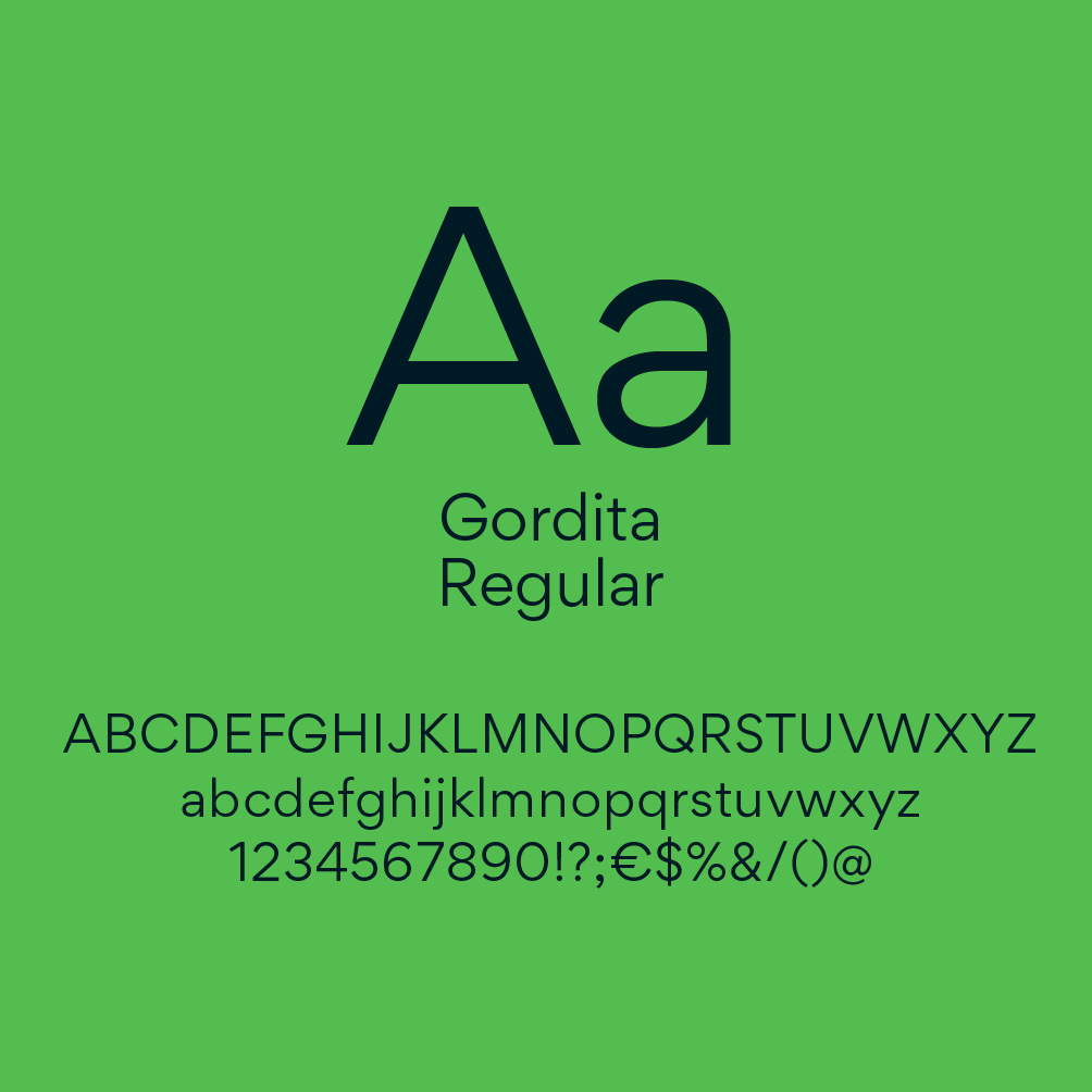 Gordita Regular Typografie Übersicht mit Großbuchstaben, Kleinbuchstaben und Sonderzeichen auf grünem Hintergrund