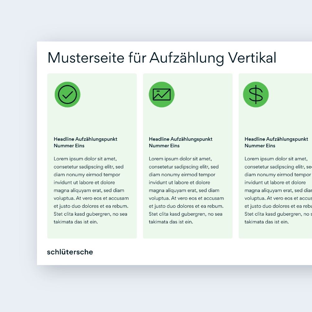 Musterseite für Aufzählung Vertikal mit Icons, Beispiel aus der Schlütersche Brandbase Formensprache Anwendung