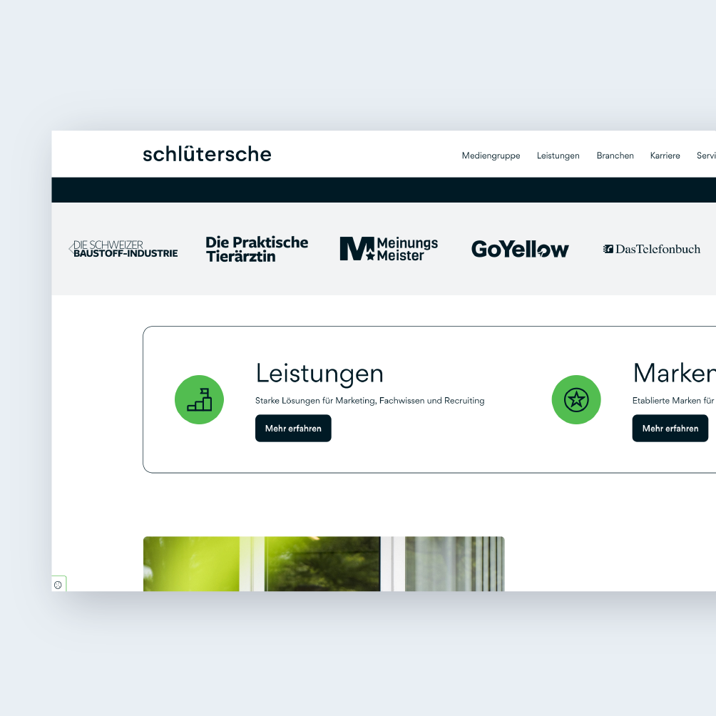 Screenshot der Website der Schlütersche mit Logos wie Die Schweizer Baustoff-Industrie, Die Praktische Tierärztin, MeinungsMeister, GoYellow, DasTelefonbuch und Icons zur Formensprache-Anwendung.