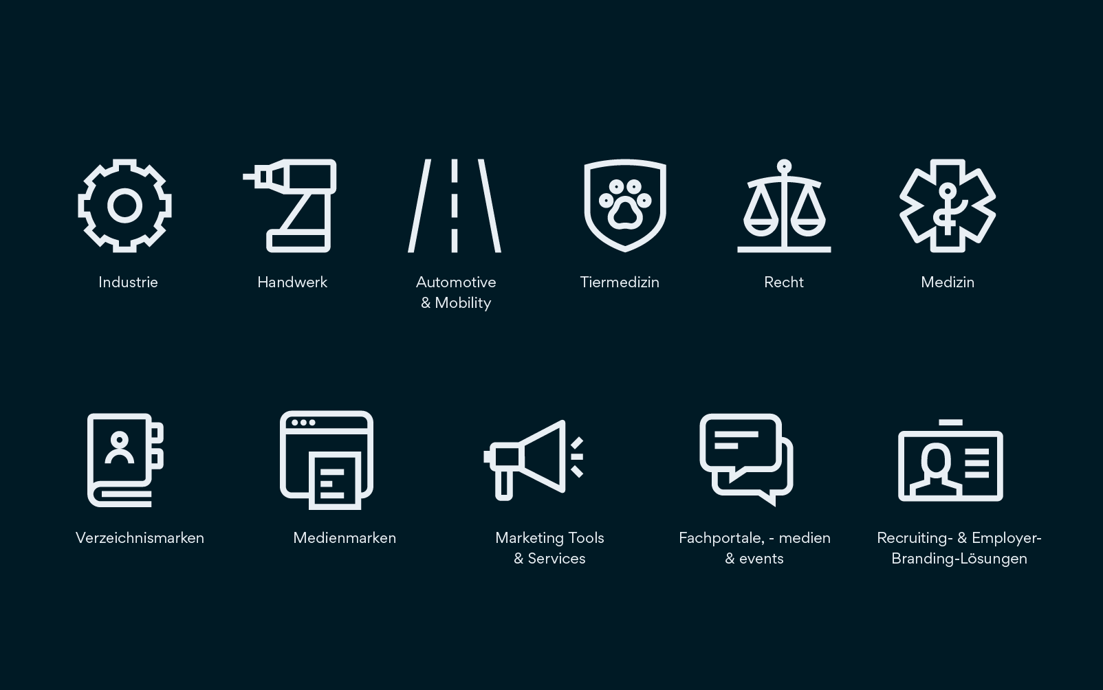 Übersicht verschiedener Icons zur Formensprache, darunter Handwerk, Automotive & Mobility, Tiermedizin, Recht, Medienmarken, Marketing Tools & Services, Fachportale und Events.