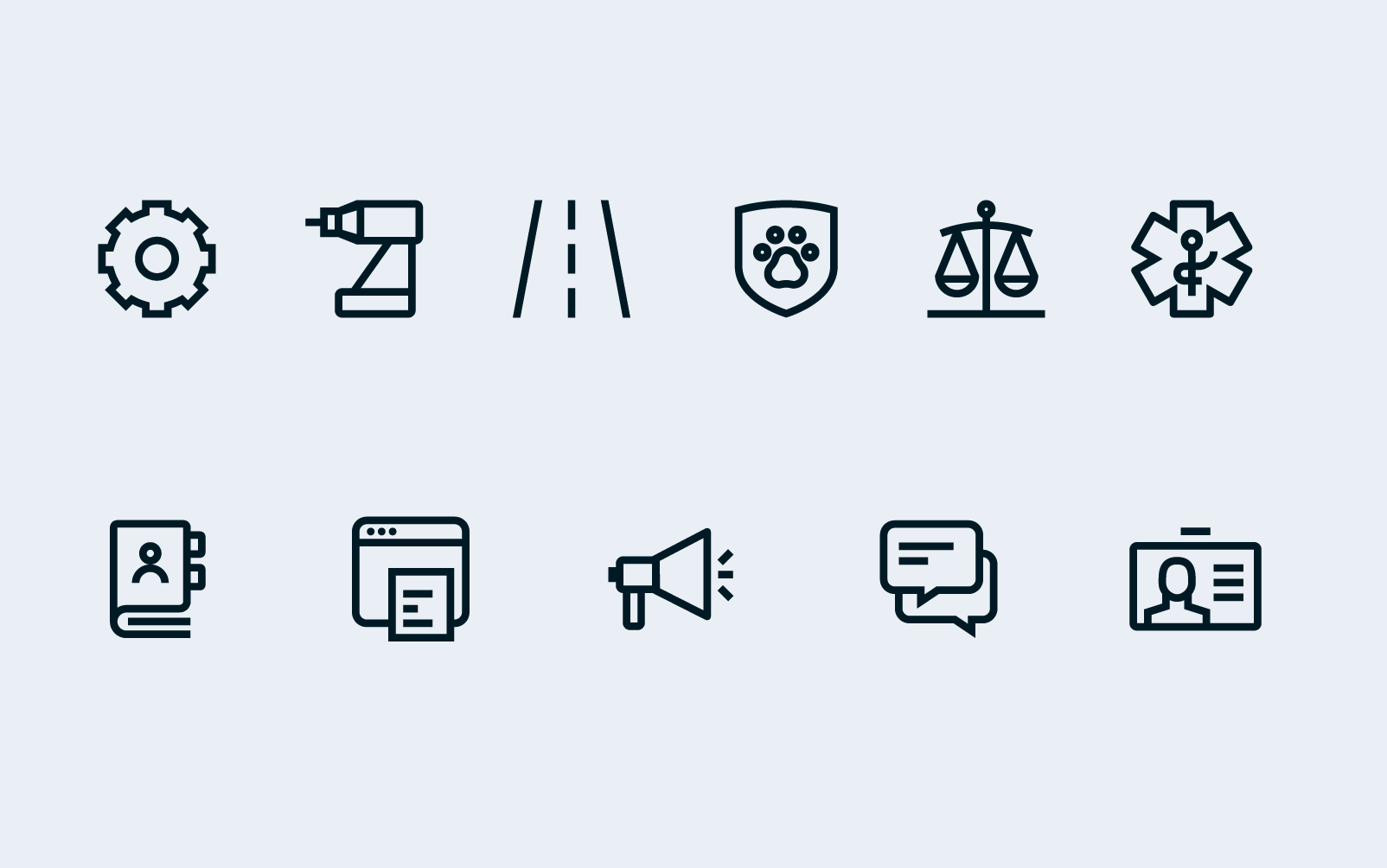 SC Brandbase Formensprache Icons Übersicht: Bohrmaschine, Straße, Tierschutz-Schild, Waage, Browserfenster, Megafon und Sprechblasen