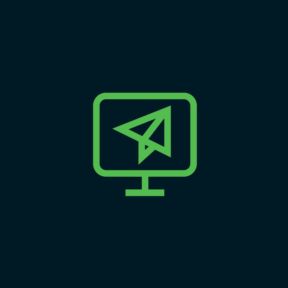 SC Brandbase Formensprache V1 Farbkombinationen – grünes Computer-Icon mit Papierflieger auf dunklem Hintergrund